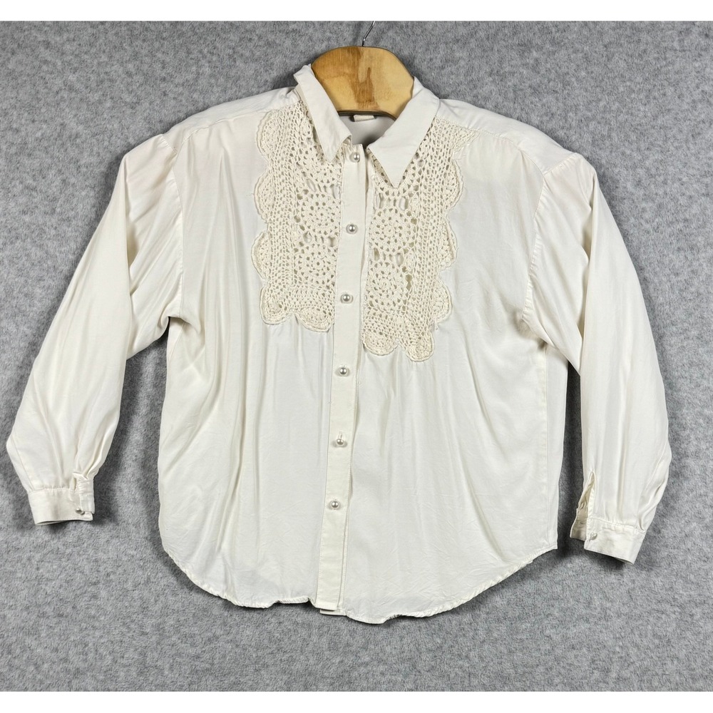 Impressions Blouse Womens 12 Ivory Good Crochet Lace Pearl Button Vintage USA